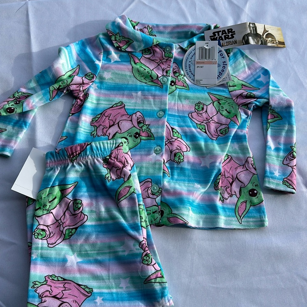 Star Wars Mandalorian Grogu Baby Yoda Pajama Set 2T NWT Blue Pink Striped 2pc